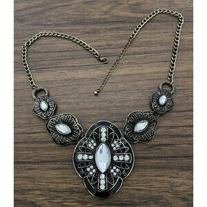 Boho Brass Tone & Black Enamel Bib Necklace with Marquise Rhinestone Tribal Goth
